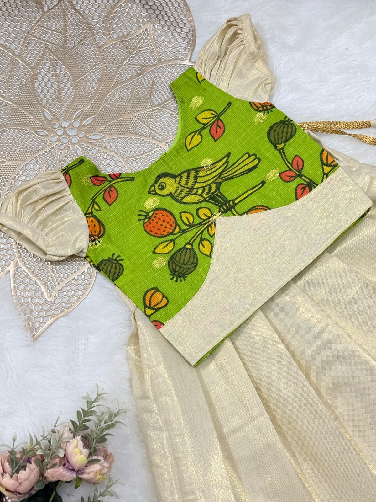 ONAM2026 -O5 - KALAMKARI PARROT GREEN TOP KASAVU SKIRT