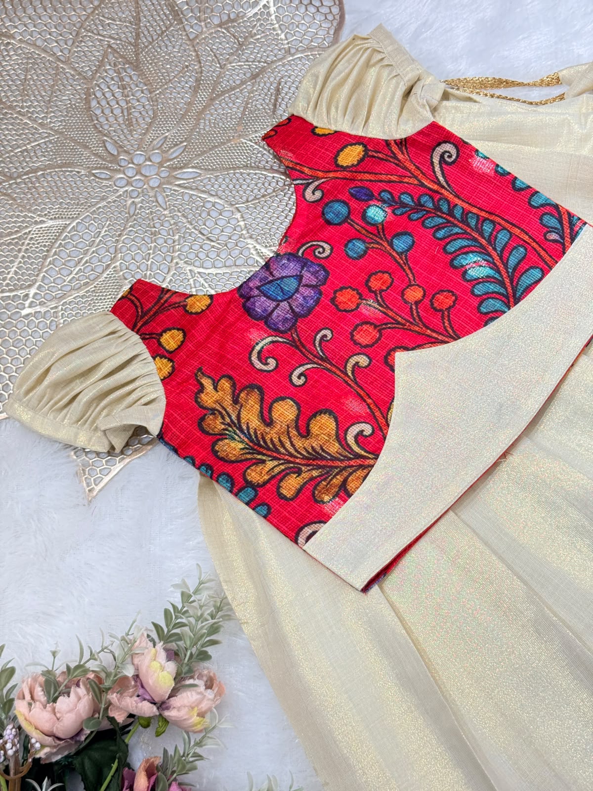 ONAM2026 -O7 - KALAMKARI RED  TOP KASAVU SKIRT