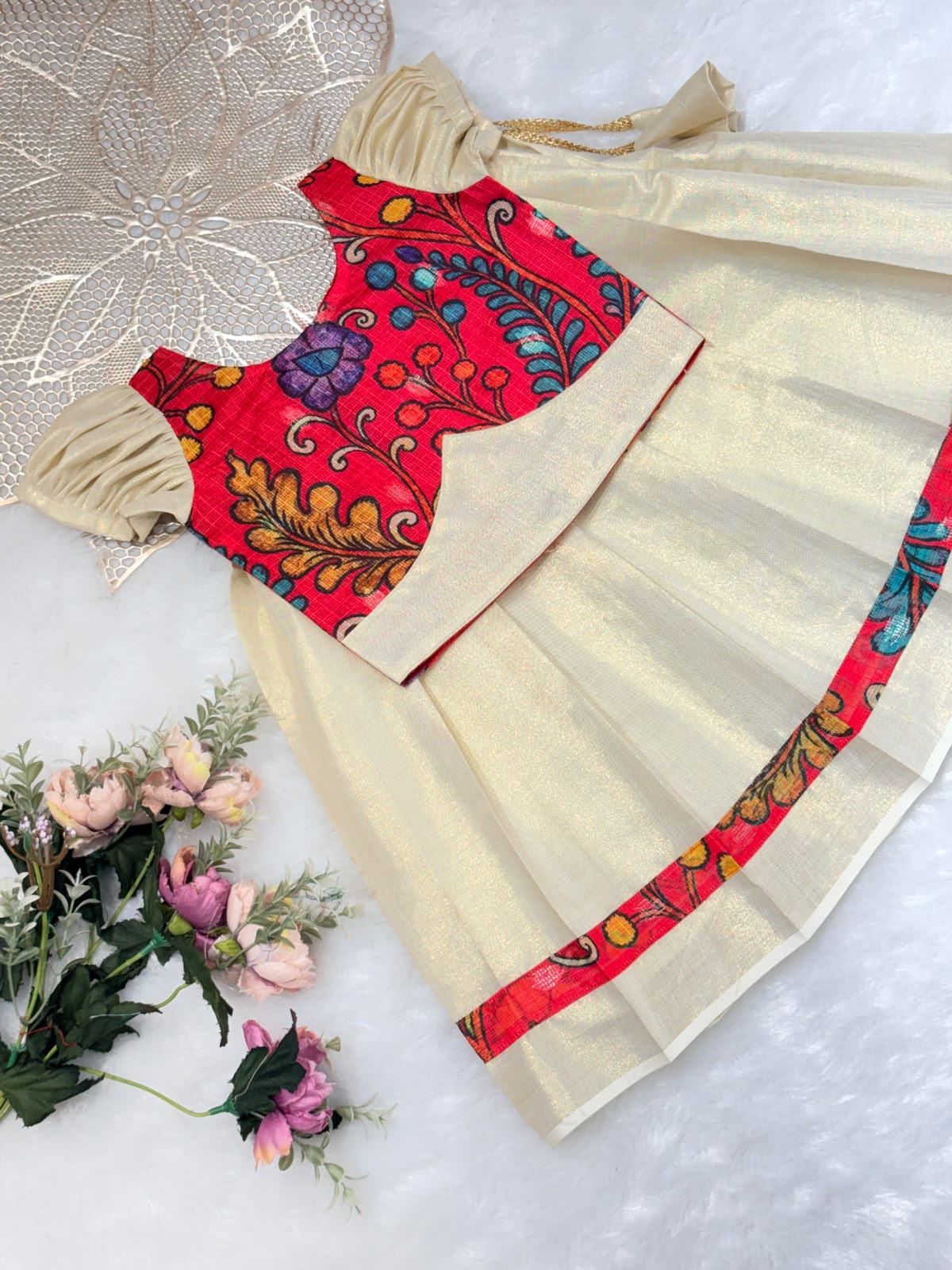 ONAM2026 -O7 - KALAMKARI RED  TOP KASAVU SKIRT