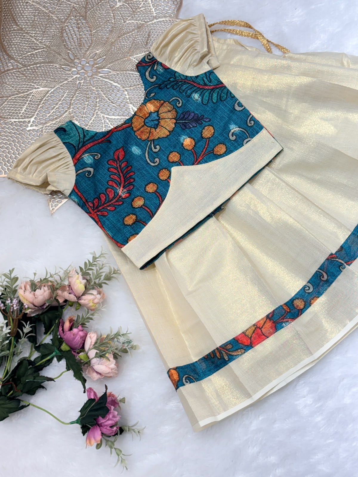 ONAM2026 -O6 - KALAMKARI PEACOCK BLUE TOP KASAVU SKIRT