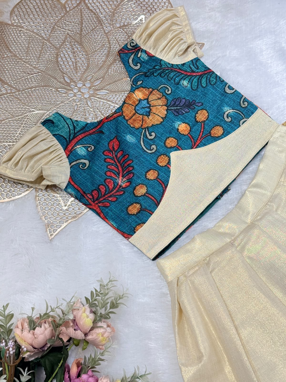 ONAM2026 -O6 - KALAMKARI PEACOCK BLUE TOP KASAVU SKIRT
