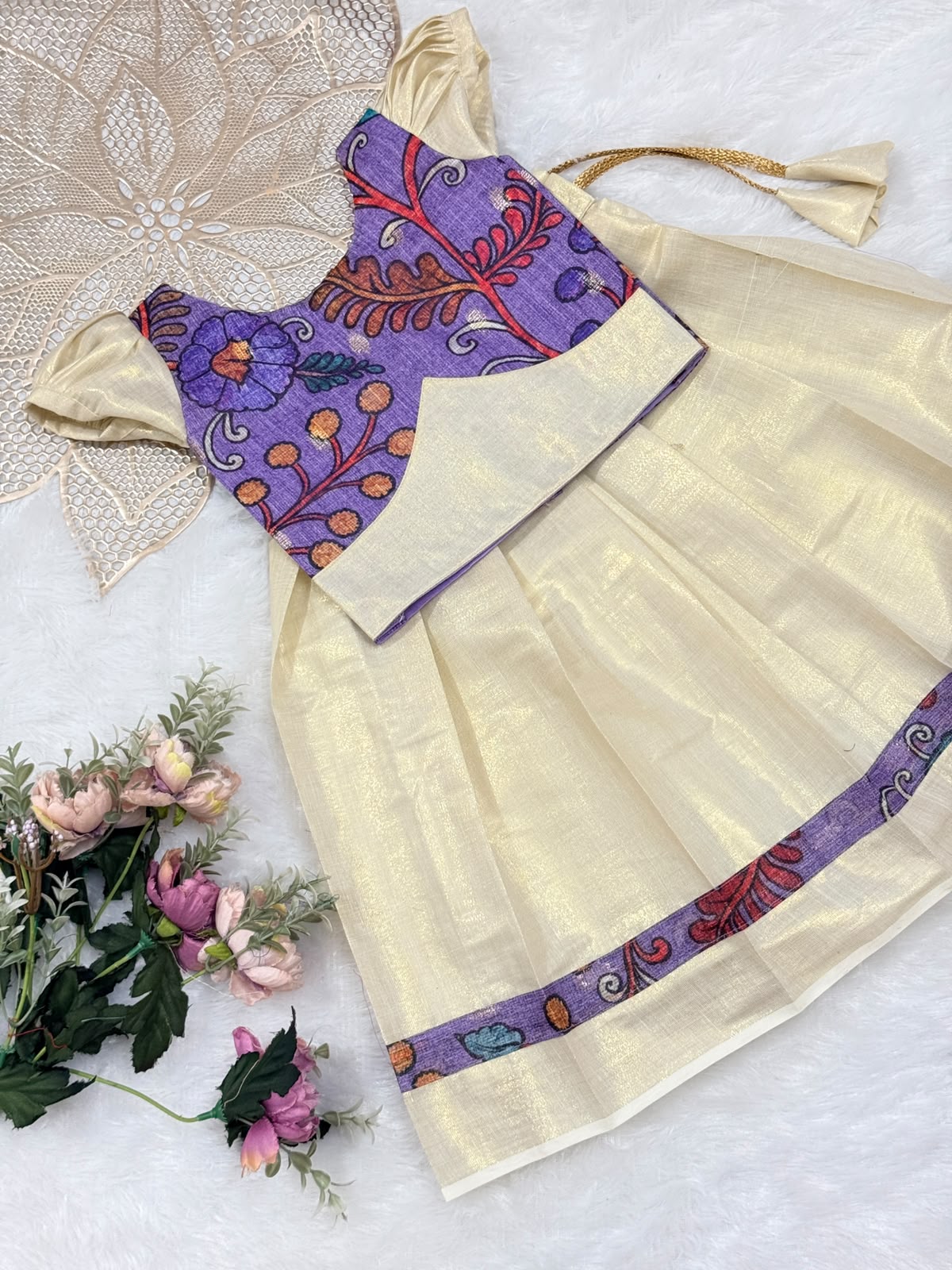 ONAM2026 -O8 - KALAMKARI PURPLE TOP KASAVU SKIRT