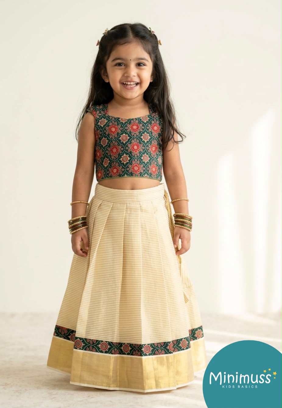 ONAM2026 -O9 -AJRAKH PATOLA PRINT GREEN TOP KASAVU SKIRT