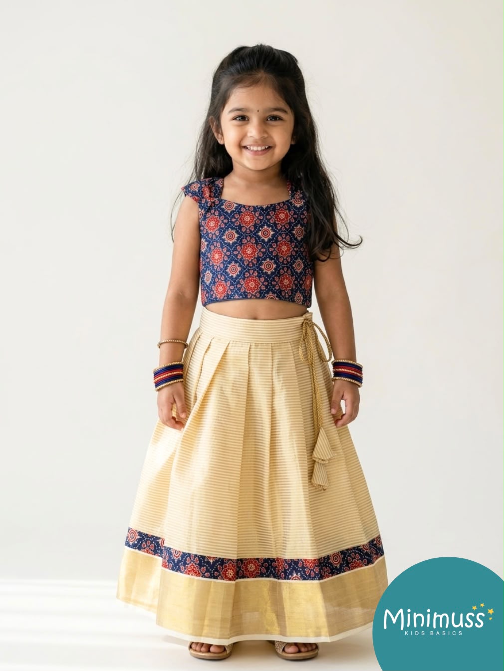 ONAM2026 -10 -AJRAKH PATOLA PRINT BLUE  TOP KASAVU SKIRT
