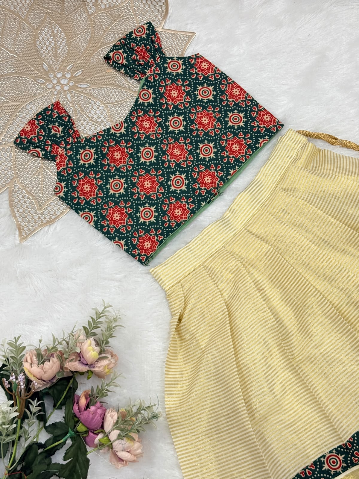 ONAM2026 -O9 -AJRAKH PATOLA PRINT GREEN TOP KASAVU SKIRT