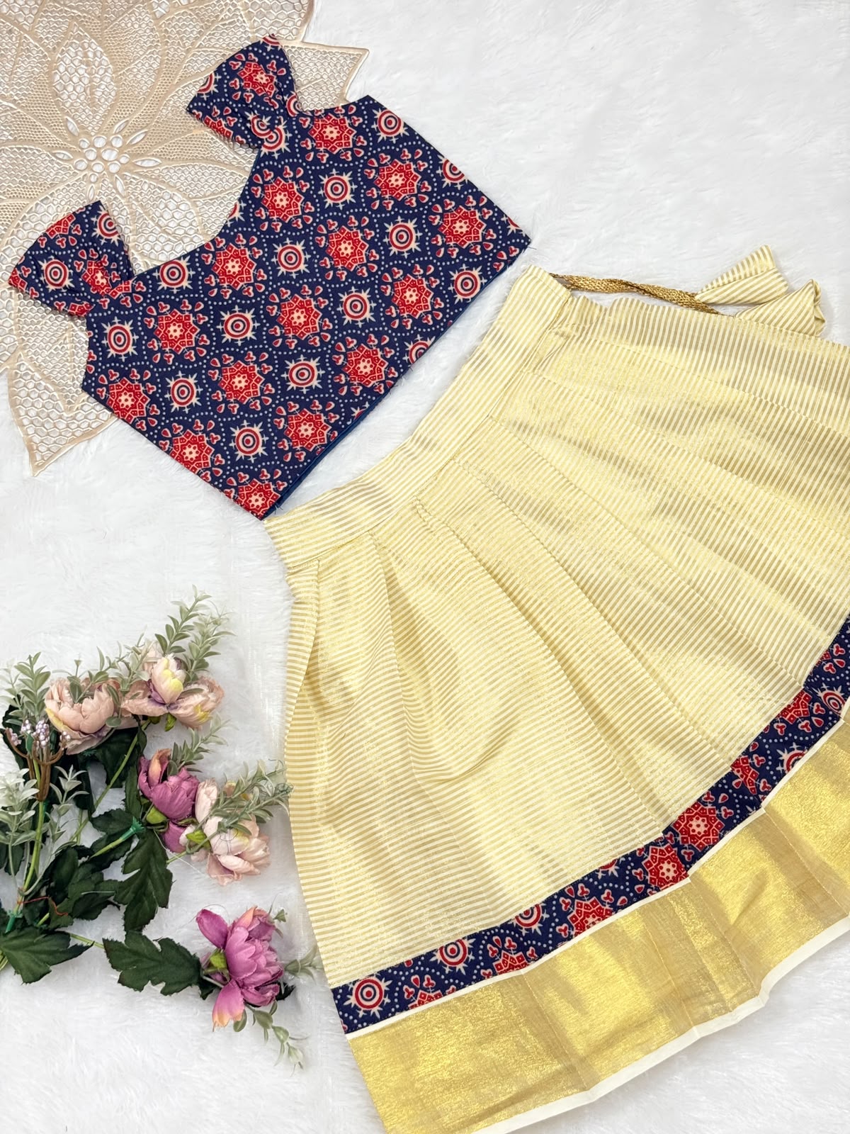ONAM2026 -10 -AJRAKH PATOLA PRINT BLUE  TOP KASAVU SKIRT