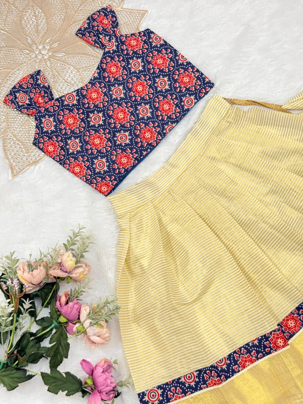 ONAM2026 -10 -AJRAKH PATOLA PRINT BLUE  TOP KASAVU SKIRT