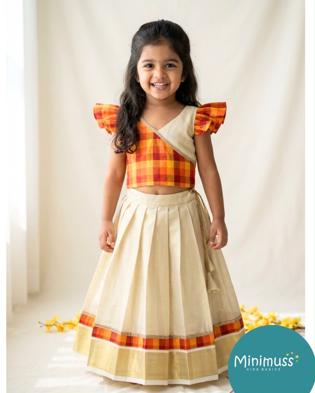 ONAM2026 -O27- YELLOW MADRAS CHECKS TOP WITH KASAVU SKIRT