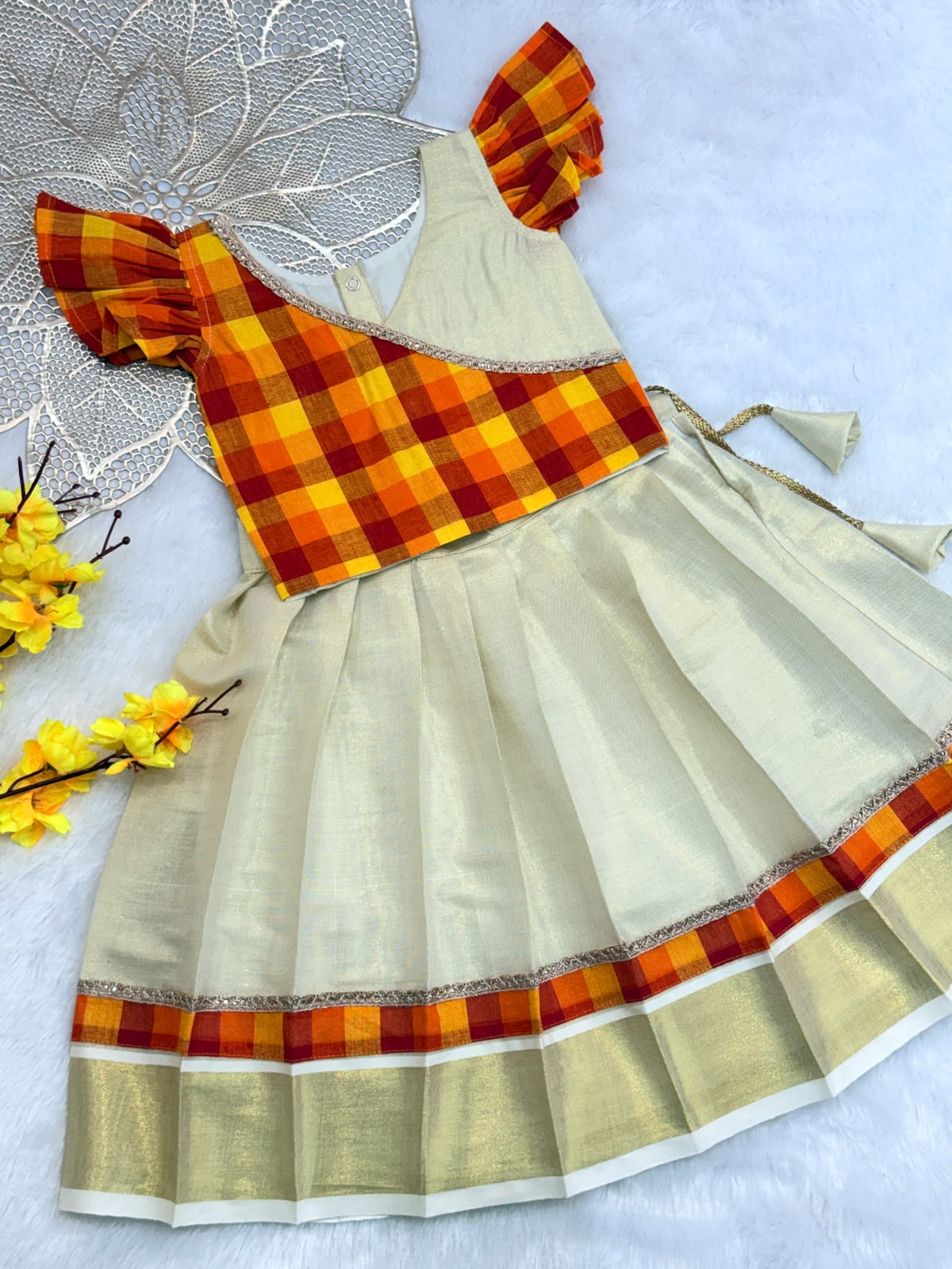 ONAM2026 -O27- YELLOW MADRAS CHECKS TOP WITH KASAVU SKIRT
