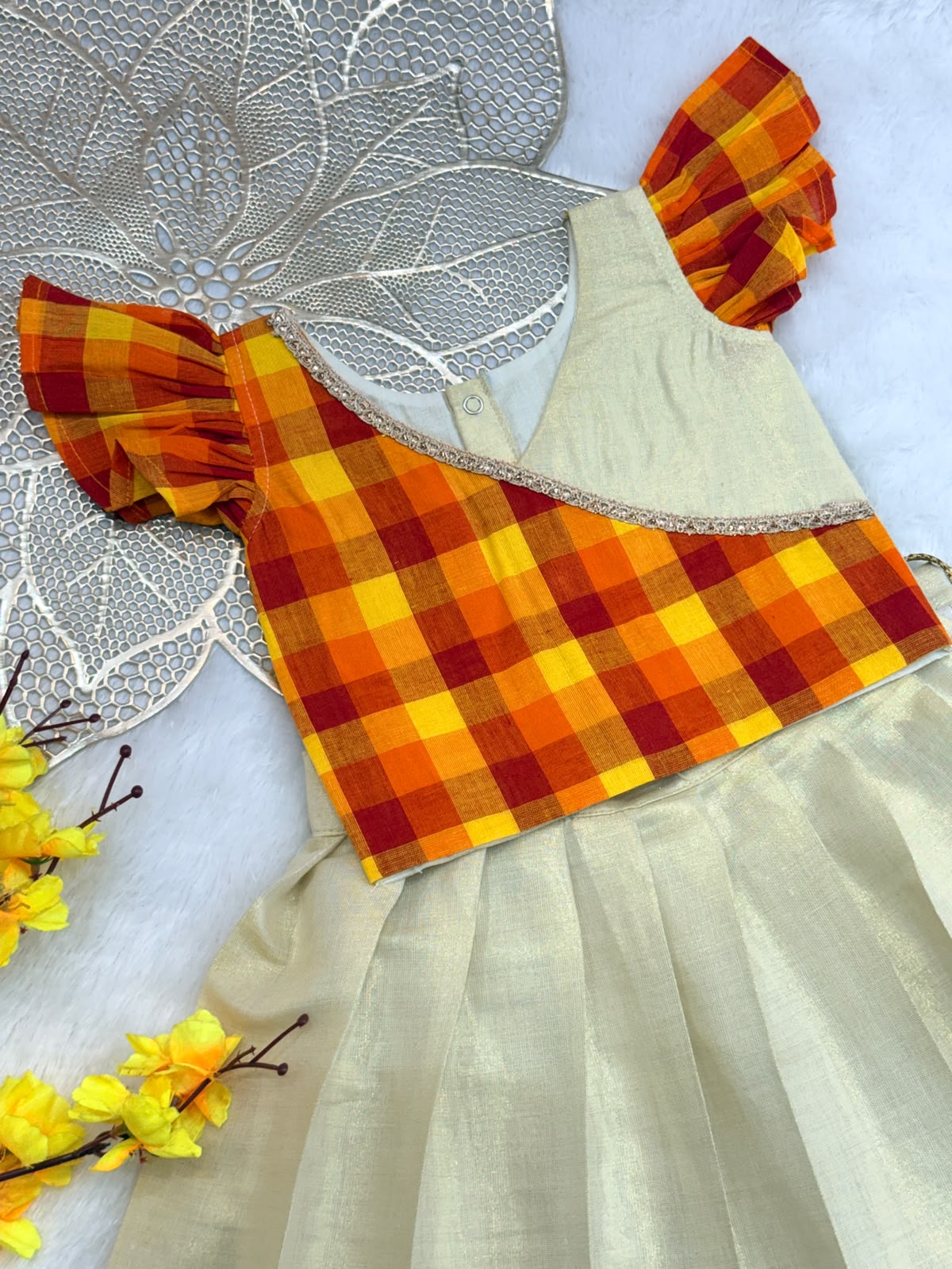 ONAM2026 -O27- YELLOW MADRAS CHECKS TOP WITH KASAVU SKIRT