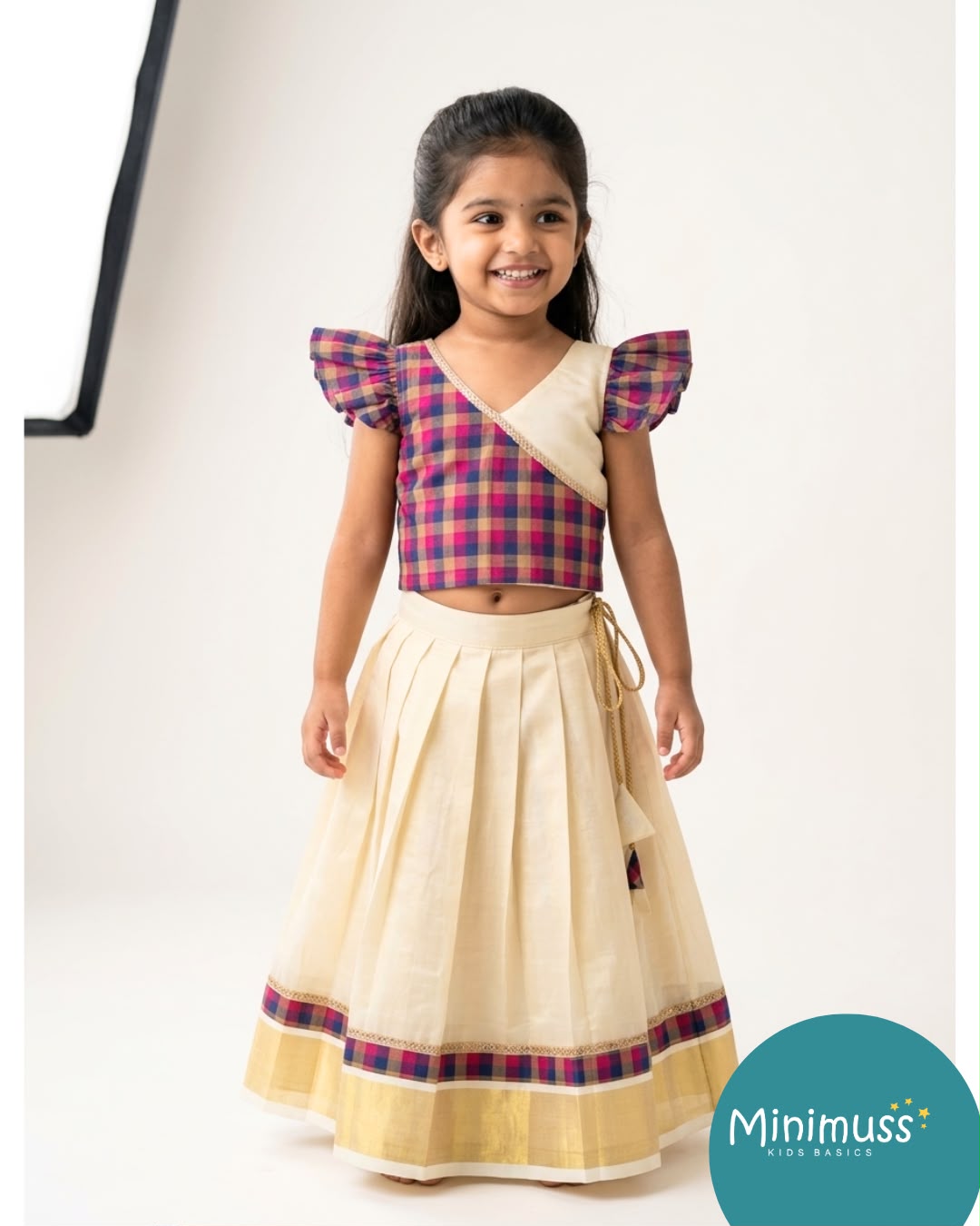 ONAM2026 -O28- BLUE CHIKOO  MADRAS CHECKS TOP WITH KASAVU SKIRT