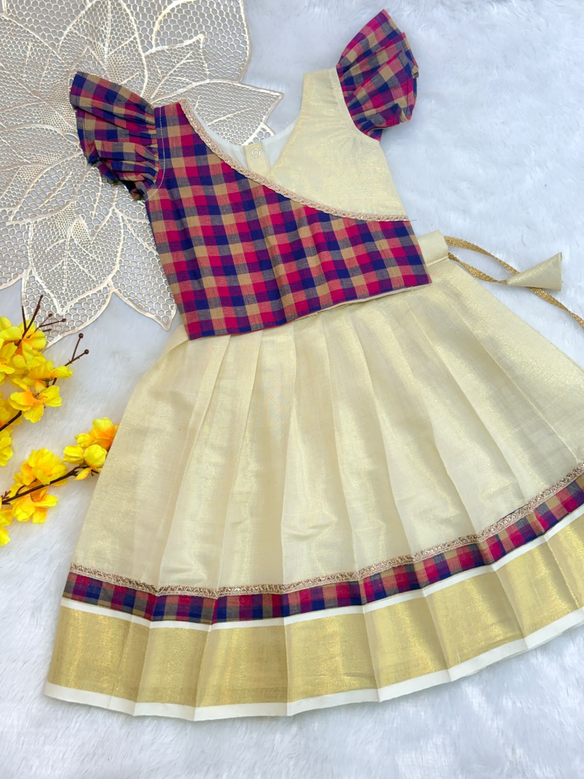 ONAM2026 -O28- BLUE CHIKOO  MADRAS CHECKS TOP WITH KASAVU SKIRT