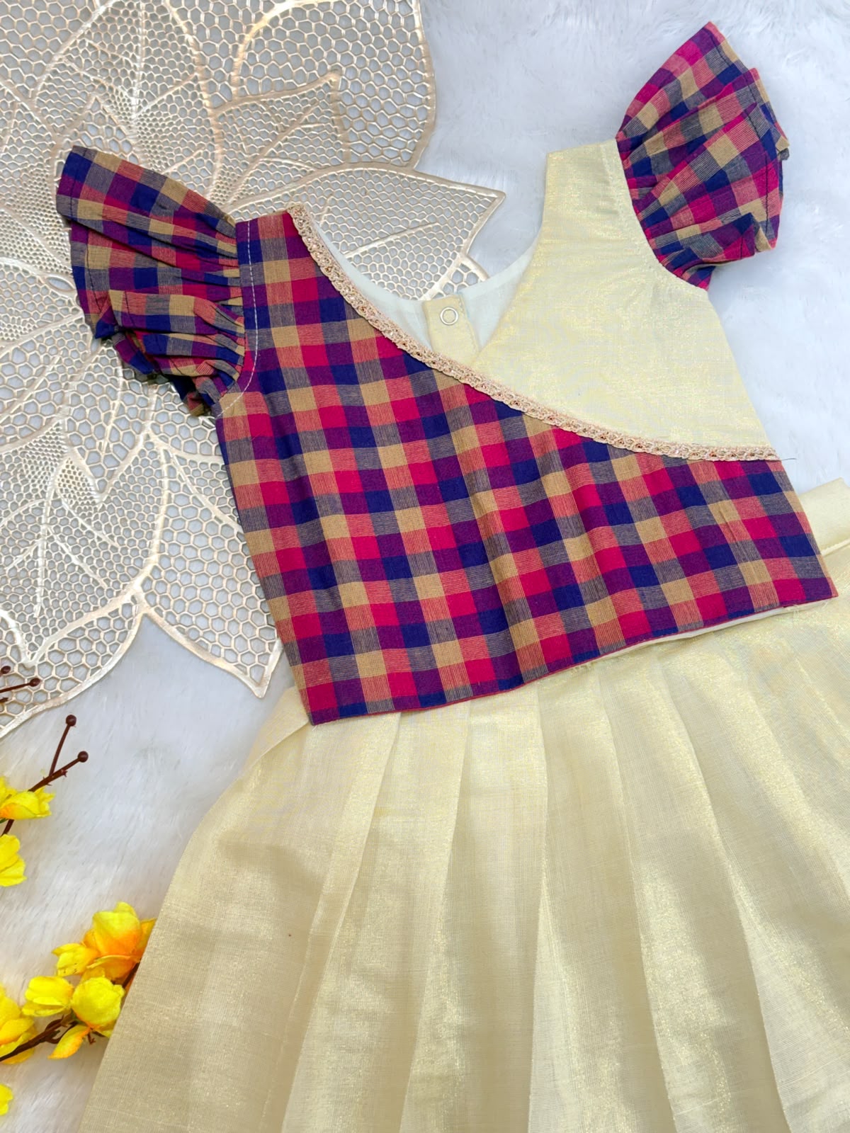 ONAM2026 -O28- BLUE CHIKOO  MADRAS CHECKS TOP WITH KASAVU SKIRT