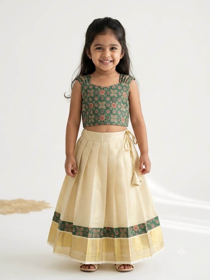 ONAM2026 -O31 -AJRAKH BOTTLE GREEN GREEN TOP KASAVU SKIRT