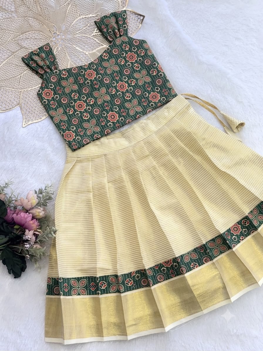 ONAM2026 -O31 -AJRAKH BOTTLE GREEN GREEN TOP KASAVU SKIRT