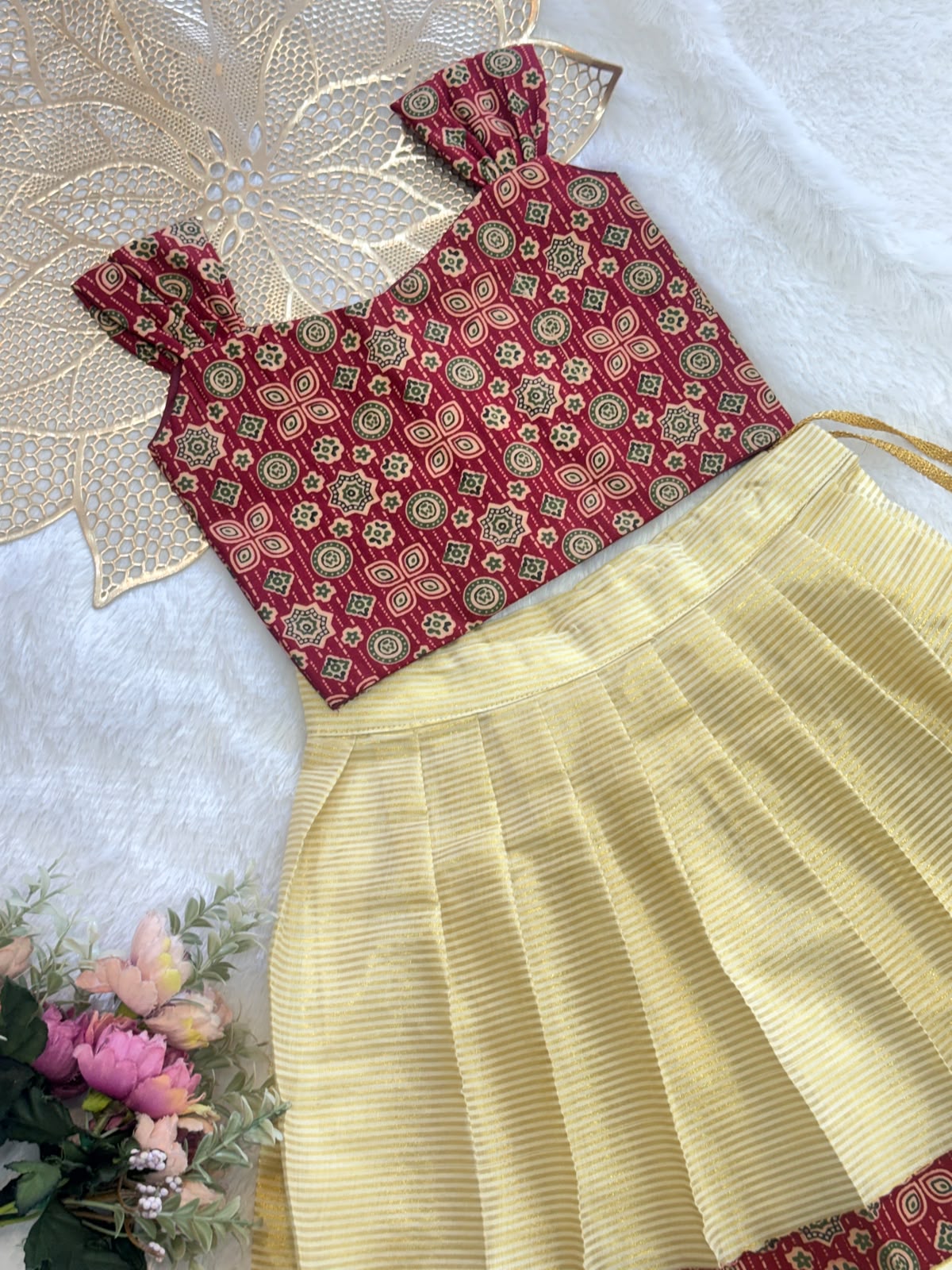 ONAM2026 -O32 -AJRAKH MAROON TOP KASAVU SKIRT