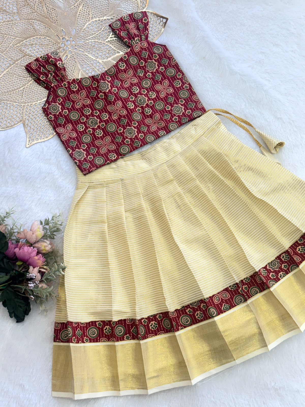 ONAM2026 -O32 -AJRAKH MAROON TOP KASAVU SKIRT