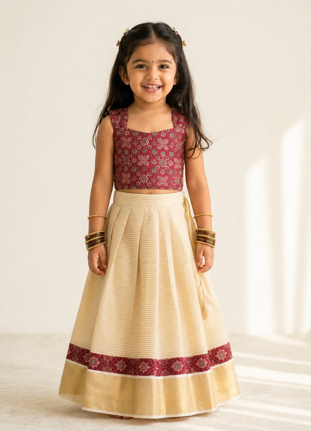 ONAM2026 -O32 -AJRAKH MAROON TOP KASAVU SKIRT