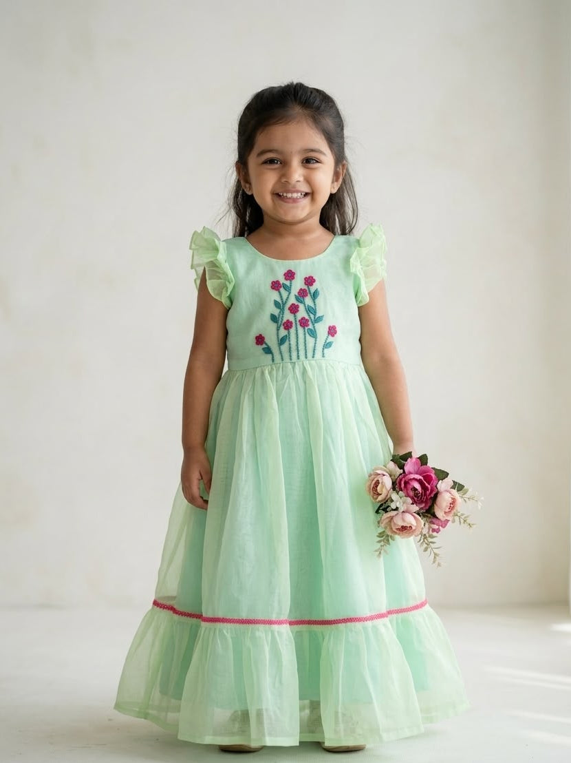 BABY BLOOM -GK001- PISTA GREEN EMBROIDERY FROCK