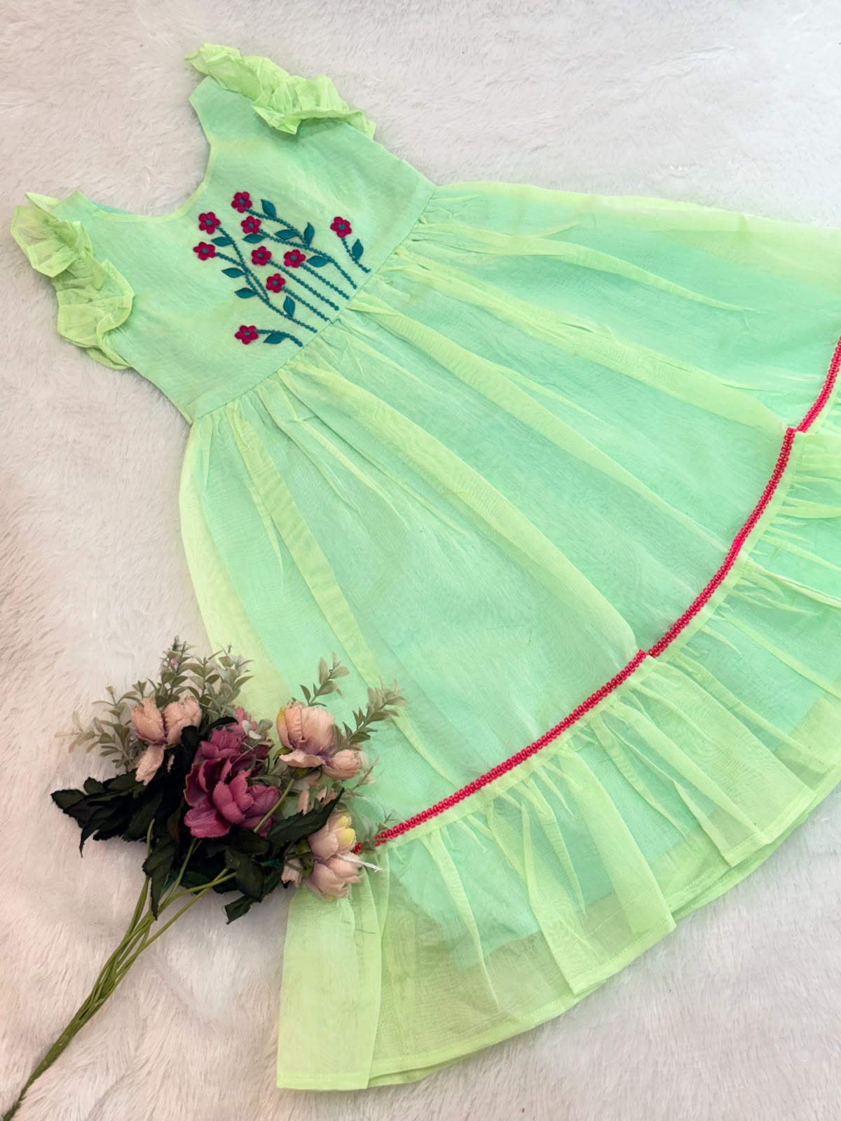BABY BLOOM -GK001- PISTA GREEN EMBROIDERY FROCK