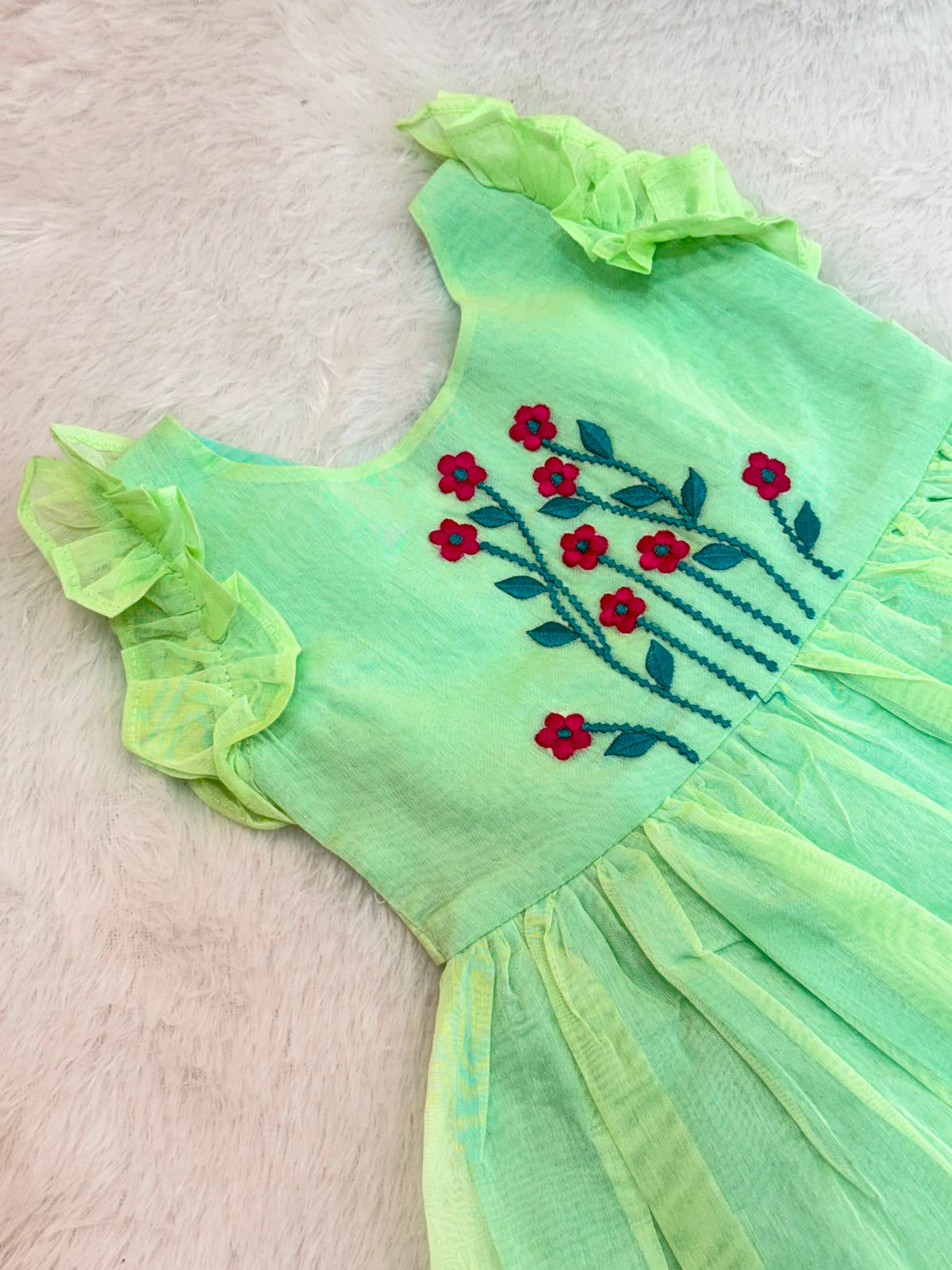 BABY BLOOM -GK001- PISTA GREEN EMBROIDERY FROCK