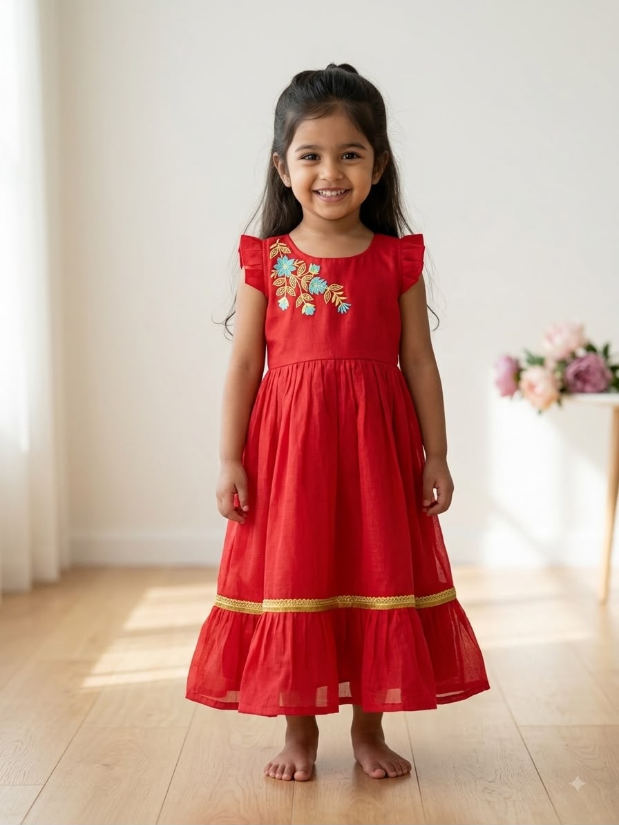 BABY BLOOM -GK004- TOMATO PINK EMBROIDERY FROCK
