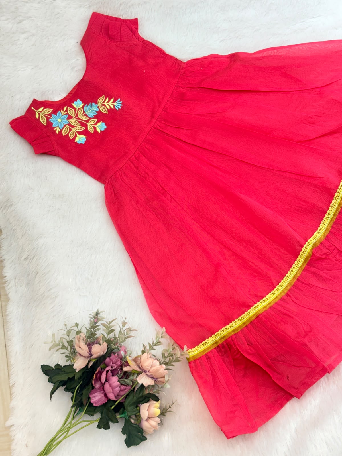 BABY BLOOM -GK004- TOMATO PINK EMBROIDERY FROCK