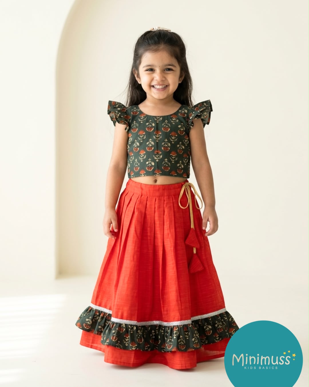 BABY BLOOM -MM10-AJRAKH GREEN RUST RED SKIRT SET