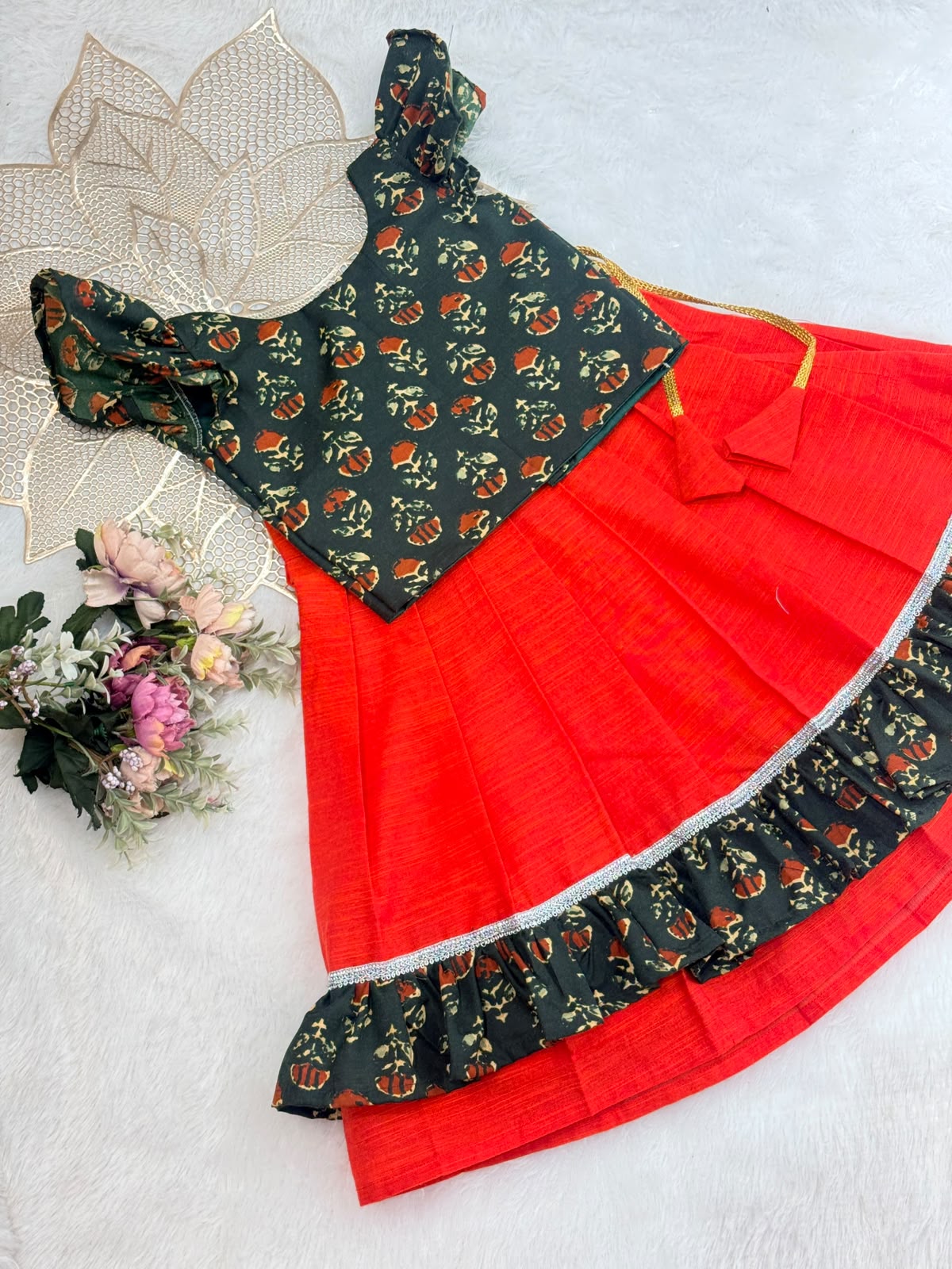 BABY BLOOM -MM10-AJRAKH GREEN RUST RED SKIRT SET