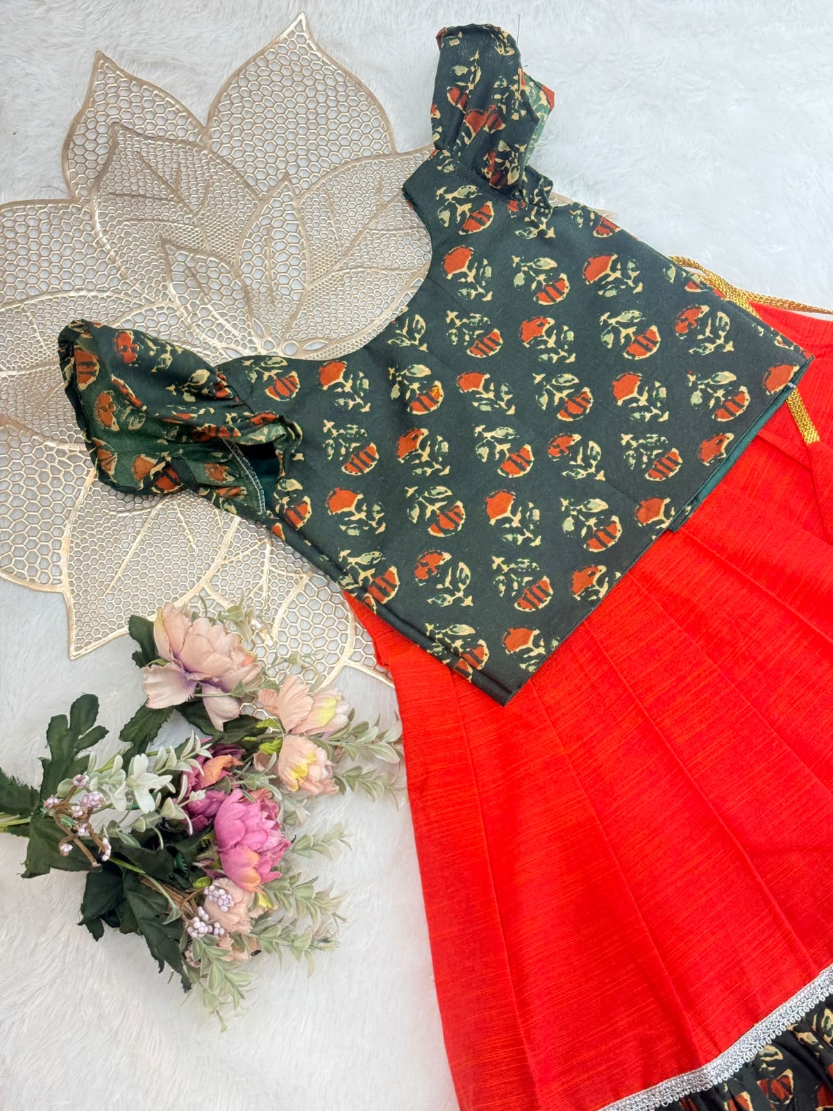 BABY BLOOM -MM10-AJRAKH GREEN RUST RED SKIRT SET