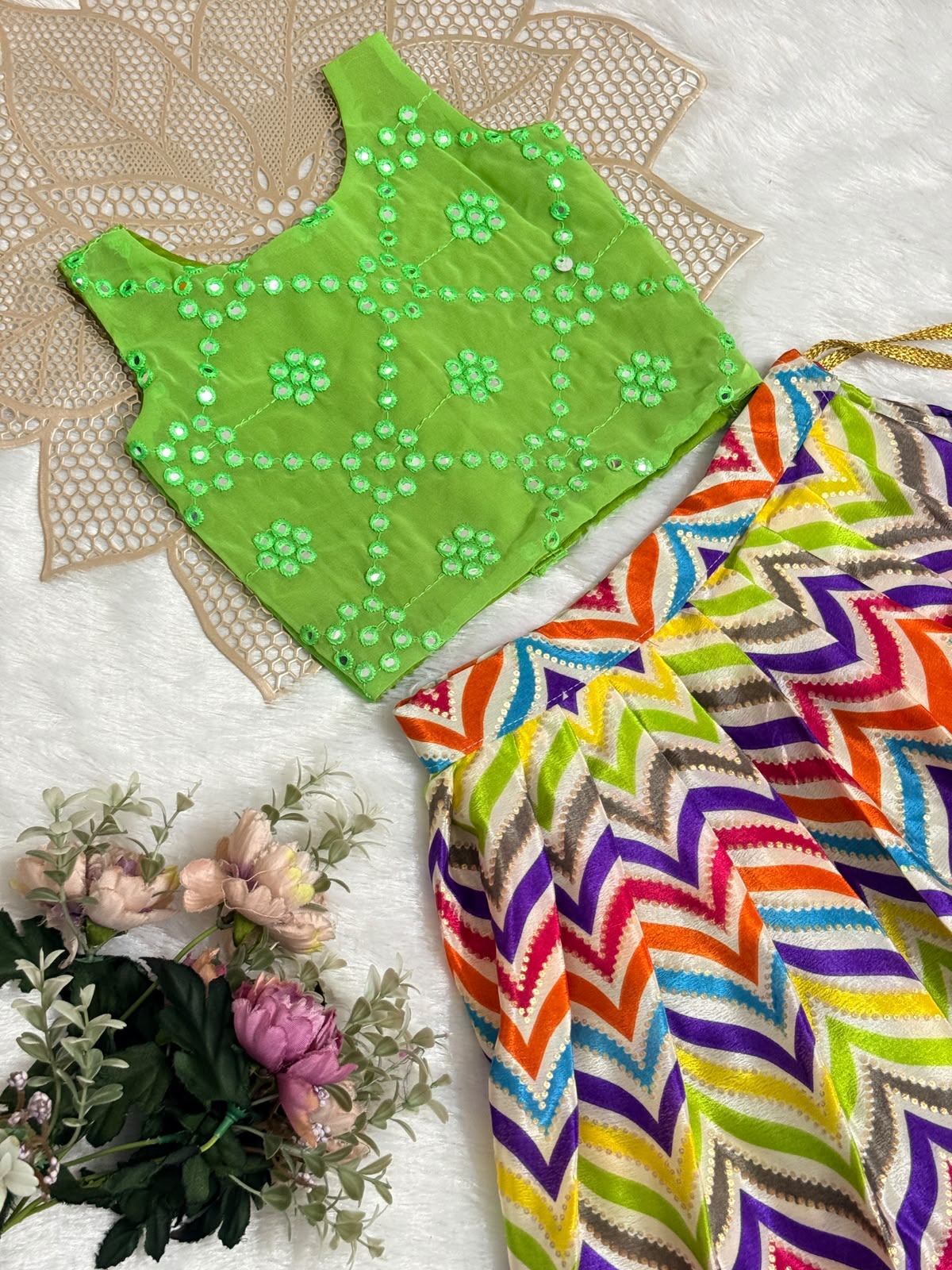 NAVRATHRI2026 -NV002-GREEN MIRROR DESIGNER SKIRT SET