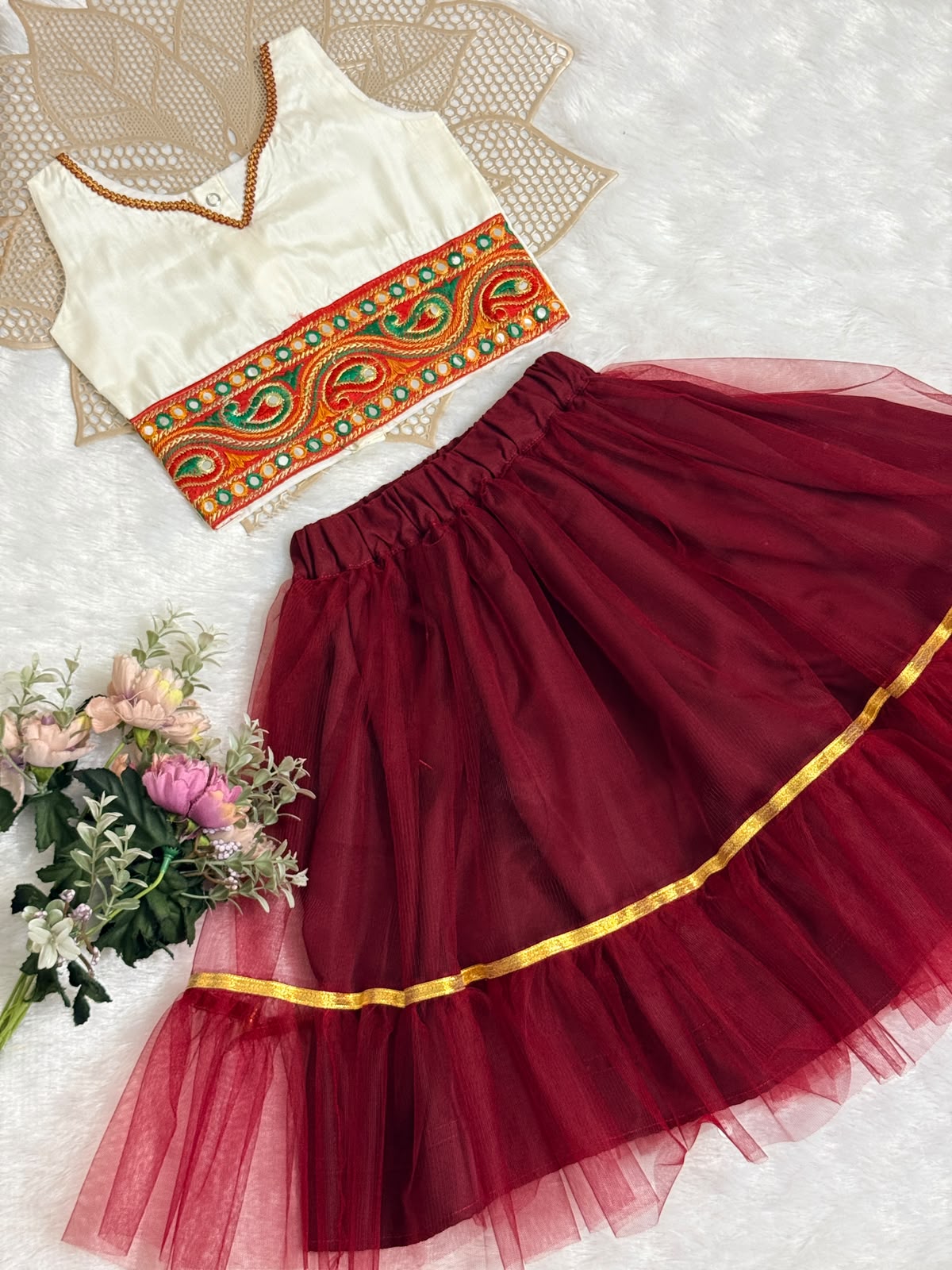 NAVRATHRI2026 -NV005-HALFWHITE MAROON DESIGNER SKIRT SET
