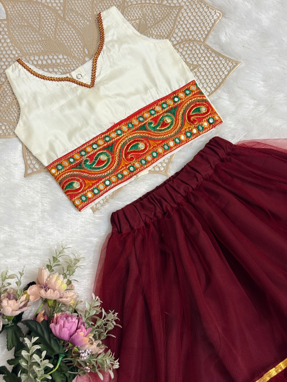 NAVRATHRI2026 -NV005-HALFWHITE MAROON DESIGNER SKIRT SET