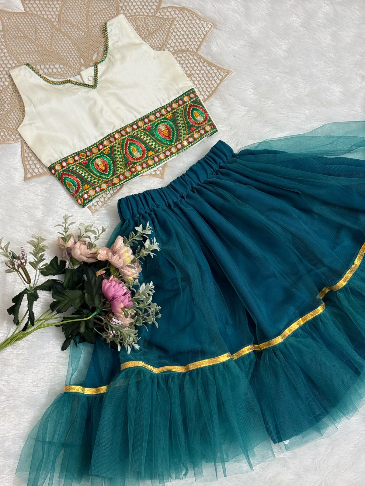 NAVRATHRI2026 -NV006-HALFWHITE TEAL  DESIGNER SKIRT SET