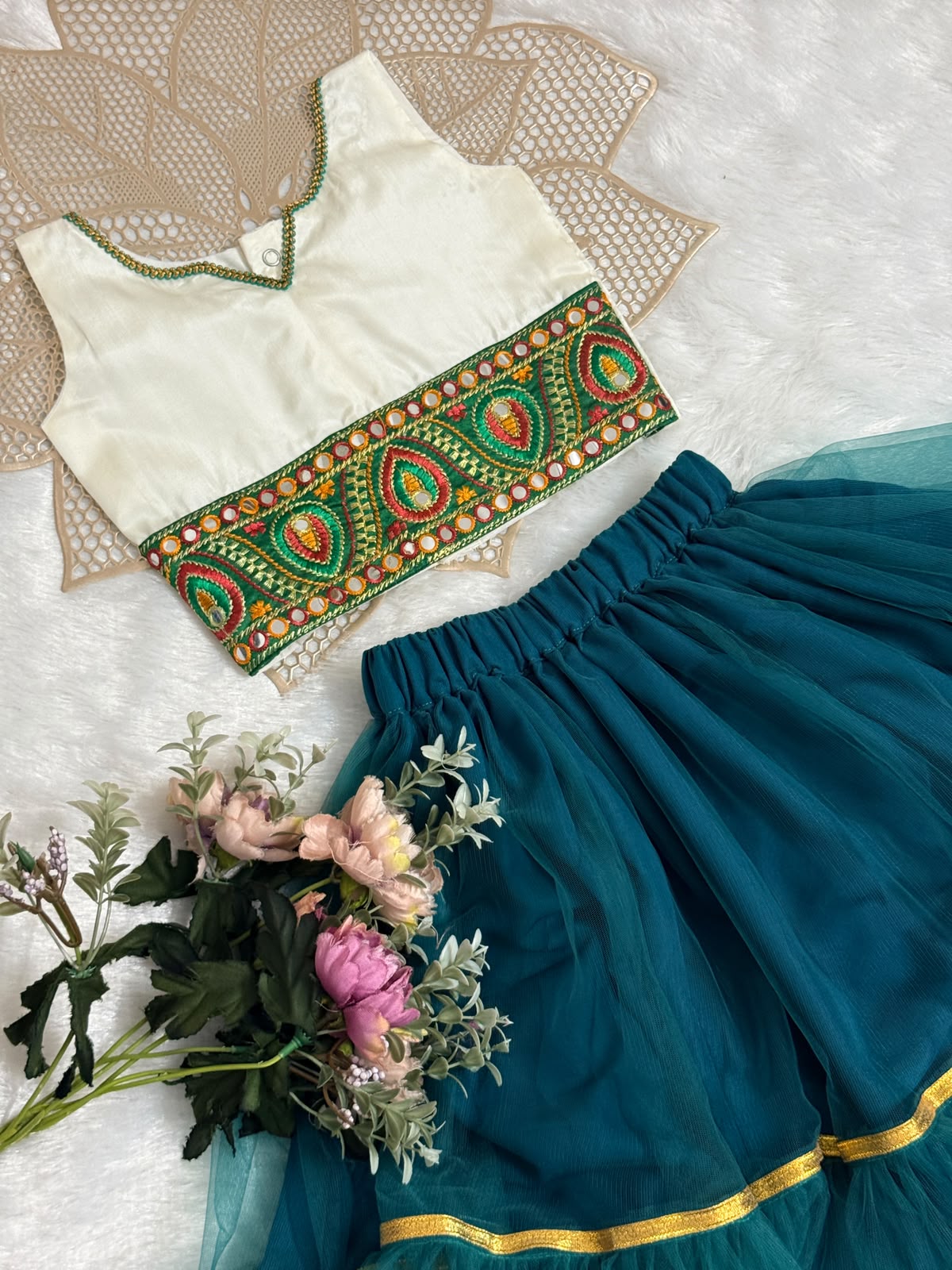 NAVRATHRI2026 -NV006-HALFWHITE TEAL  DESIGNER SKIRT SET