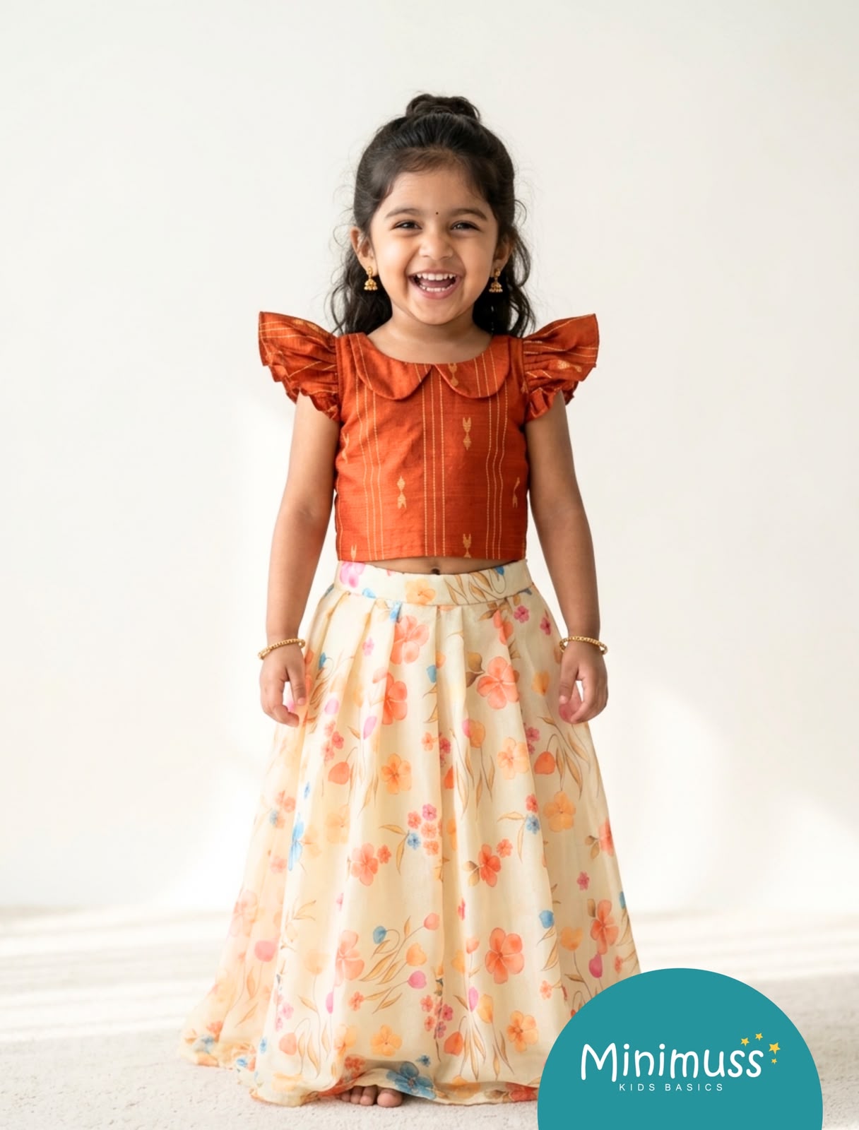 DIWALI2026 -DWG003-ORANGE RUST TOP WITH FLORAL SPACE SILK SKIRT SET