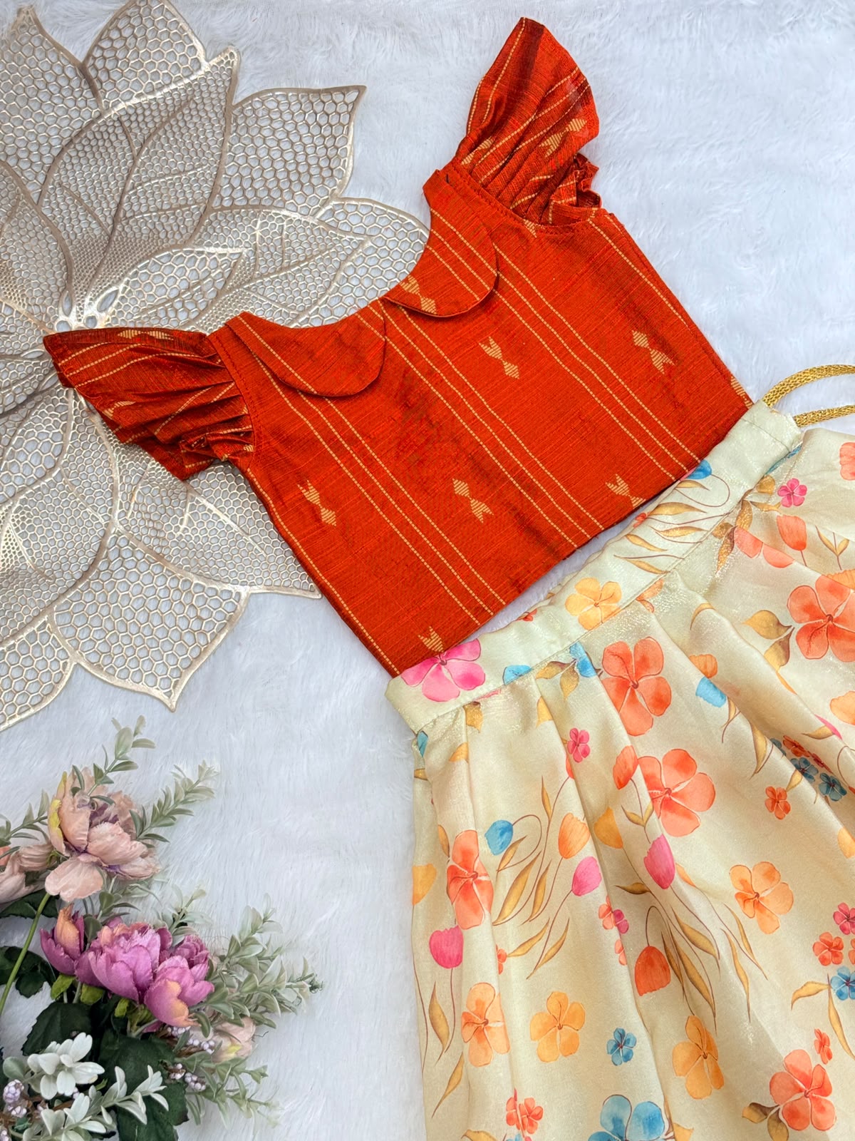 DIWALI2026 -DWG003-ORANGE RUST TOP WITH FLORAL SPACE SILK SKIRT SET