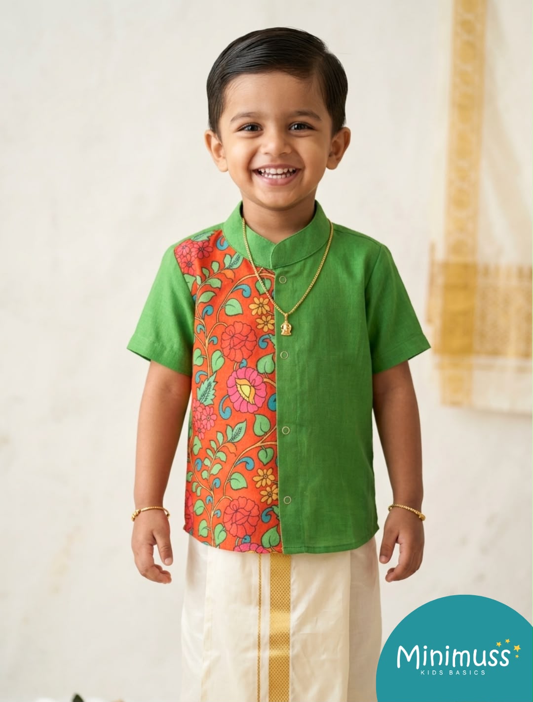 DIWALI2026 -DWB005-RED SILK KALAMKARI/ LEAF GREEN COTTON SHIRT