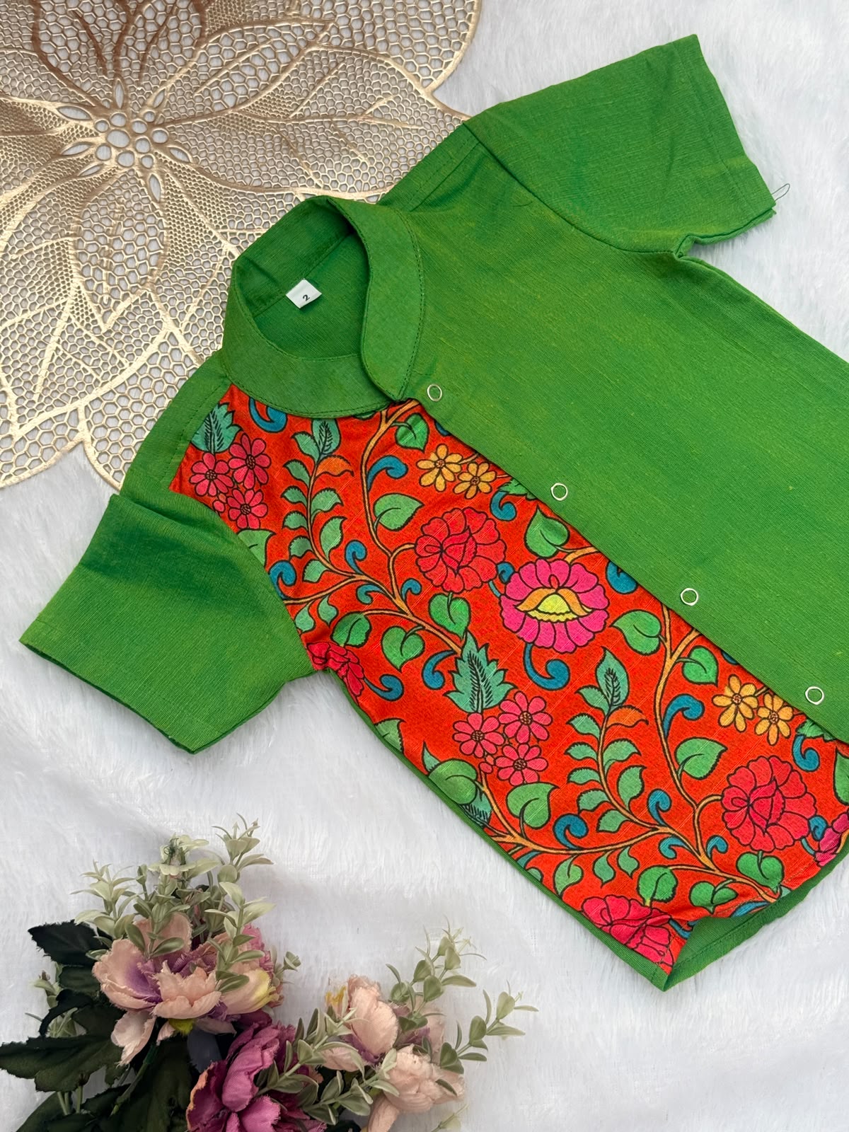 DIWALI2026 -DWB005-RED SILK KALAMKARI/ LEAF GREEN COTTON SHIRT