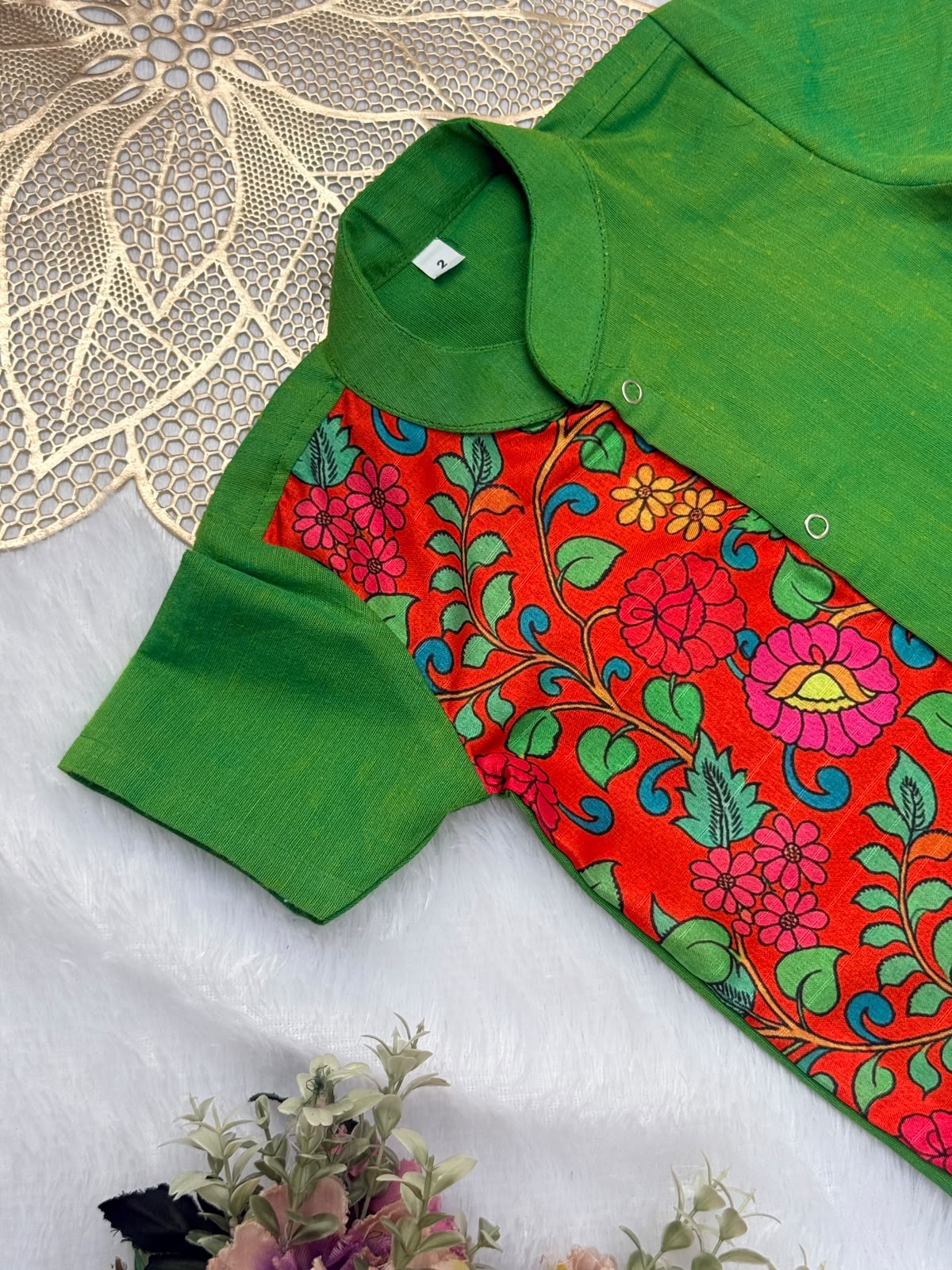 DIWALI2026 -DWB005-RED SILK KALAMKARI/ LEAF GREEN COTTON SHIRT